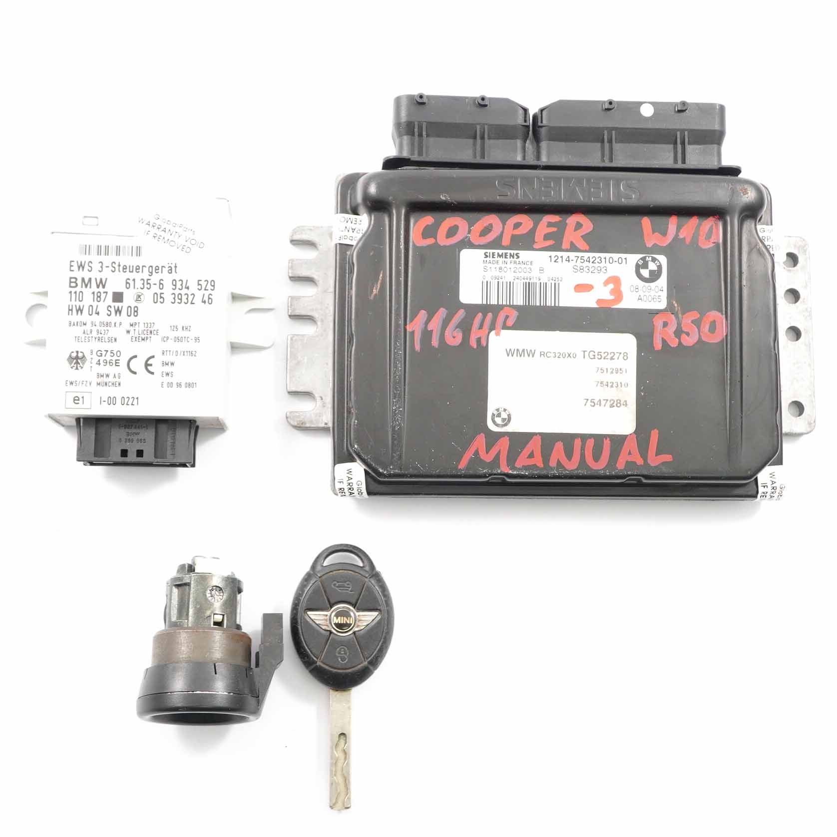 MINI Cooper R50 Petrol W10 116HP Engine ECU Kit DME 7542310 EWS3 Key Manual