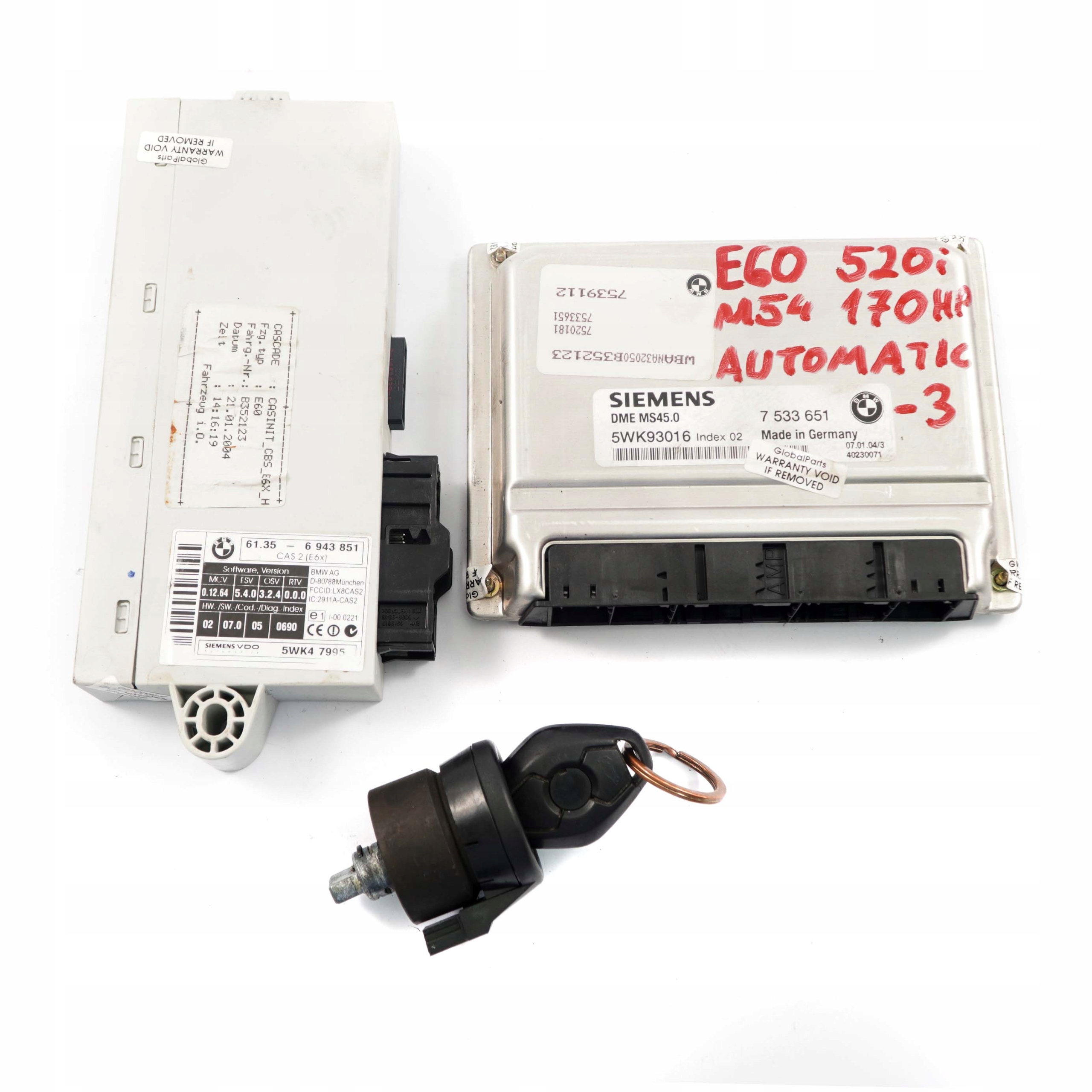 BMW 5 er E60 520i M54 170PS ECU Kit DME 7533651 Steuergerät + CAS2 Automatik