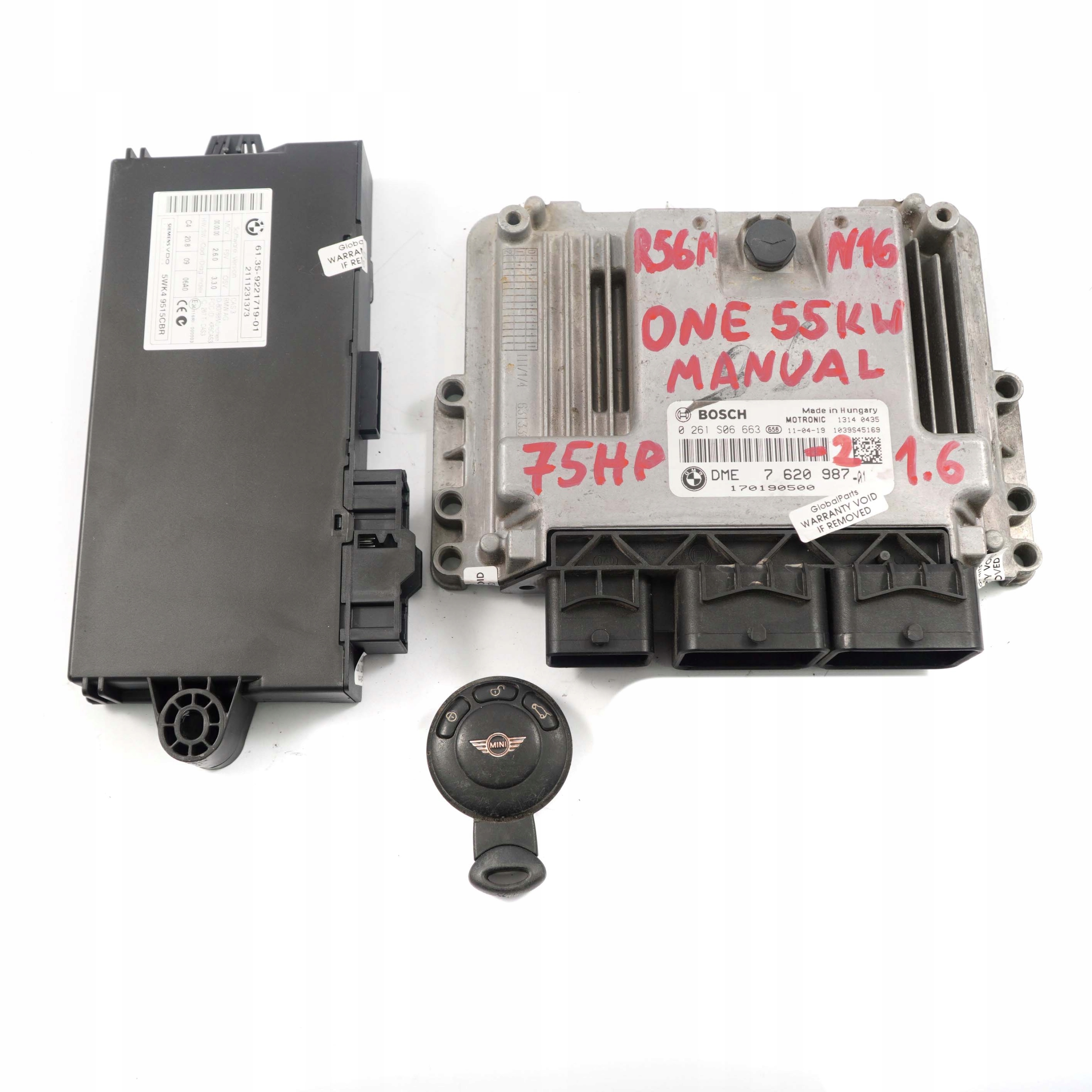 Mini R56 LCI One 55kW N16 1.6 75HP Engine ECU Kit DME CAS 3 + Key 7620987