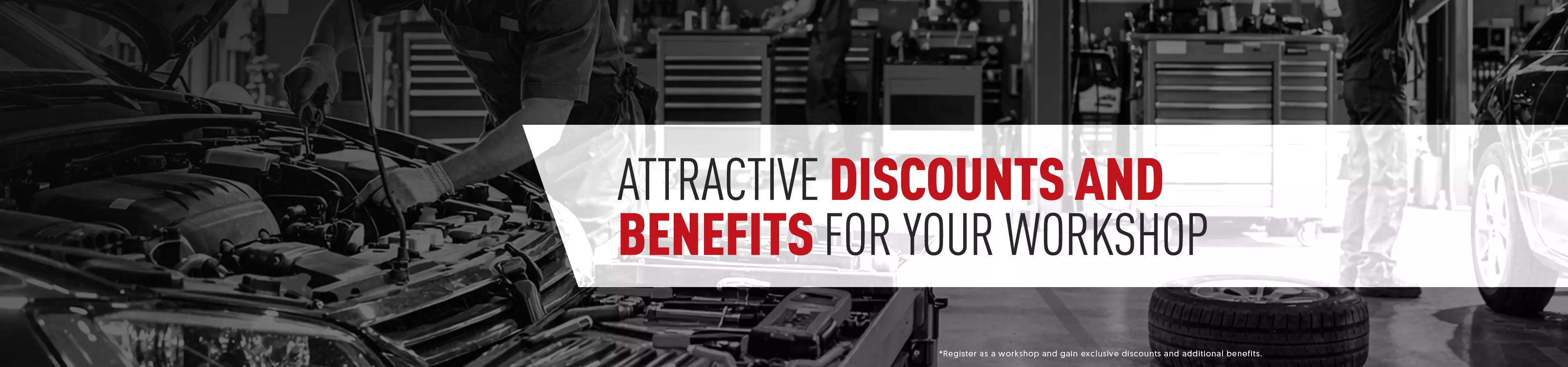 Global Parts – banner: Attractive discounts and benefits for your workshop. Register as a workshop to unlock special discounts and extra benefits.