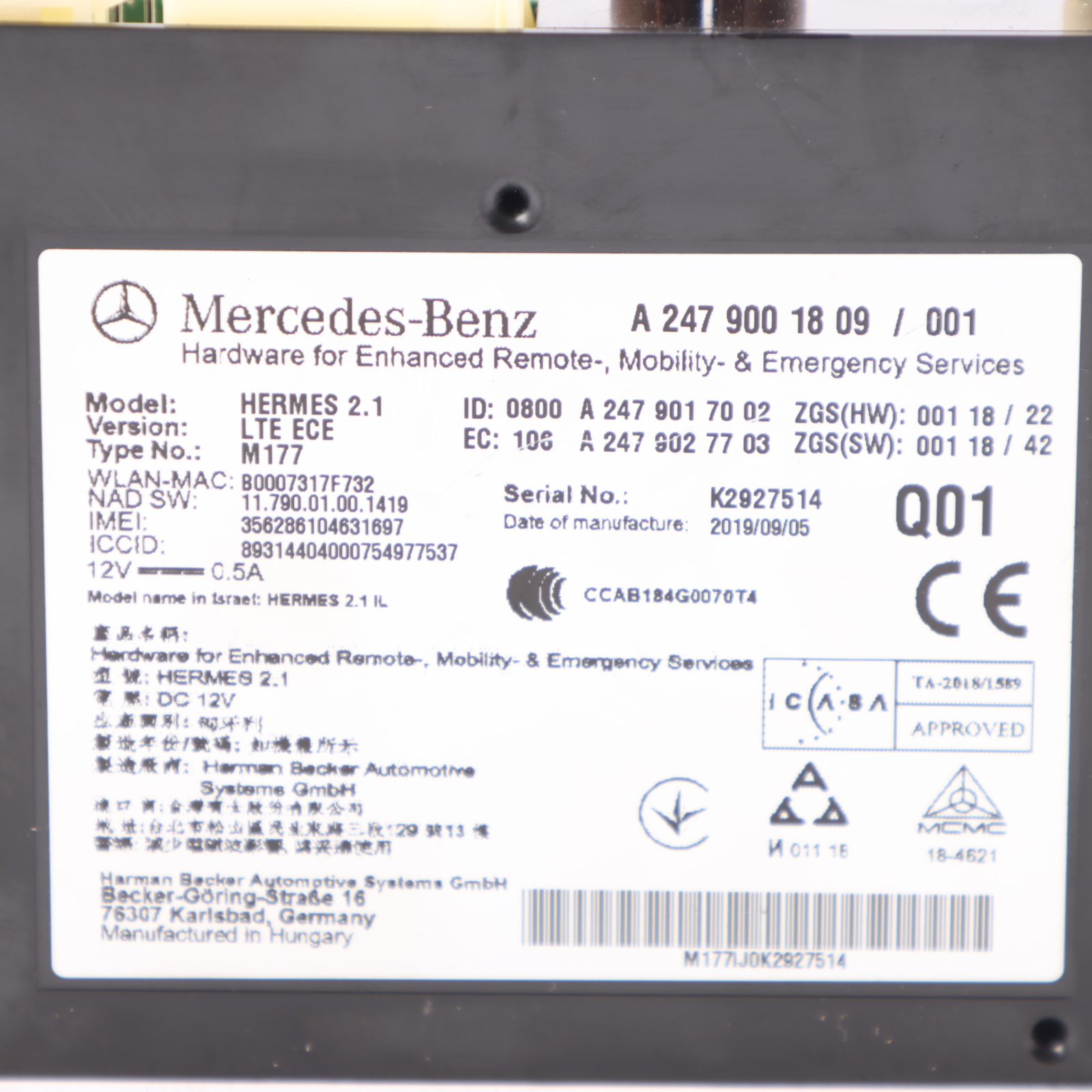 Mercedes W177 Funksteuergerät Modul A2479001809