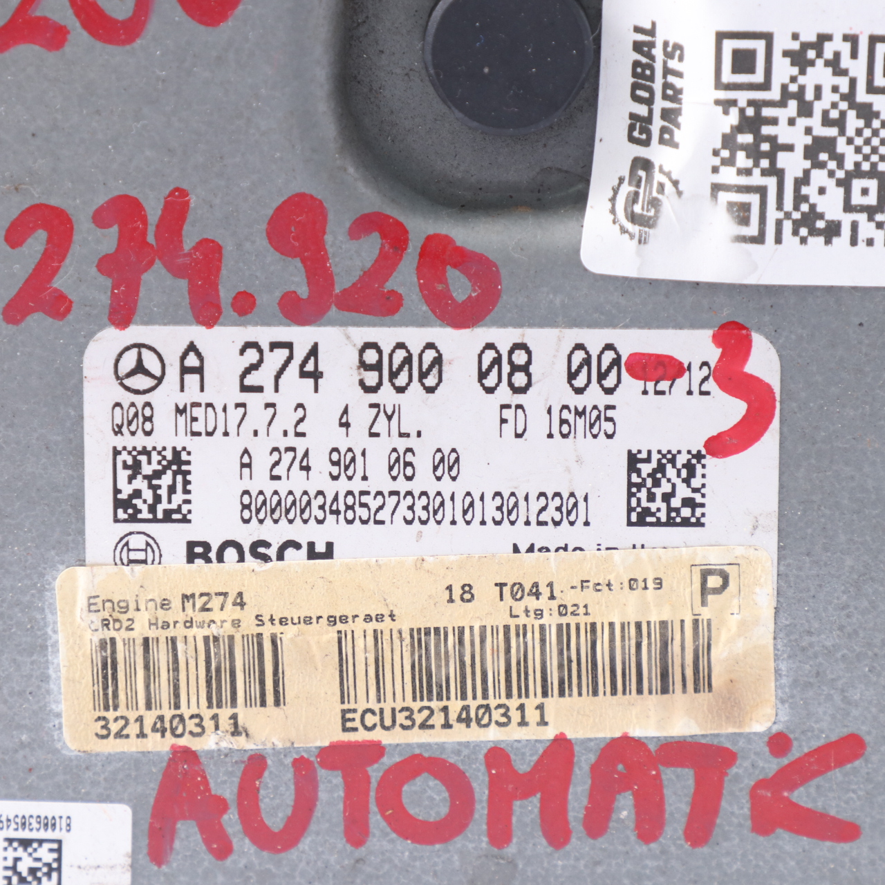 Mercedes W205 C200 274.920 184HP Motor Steuergerät ECU A2749000800 Automatik