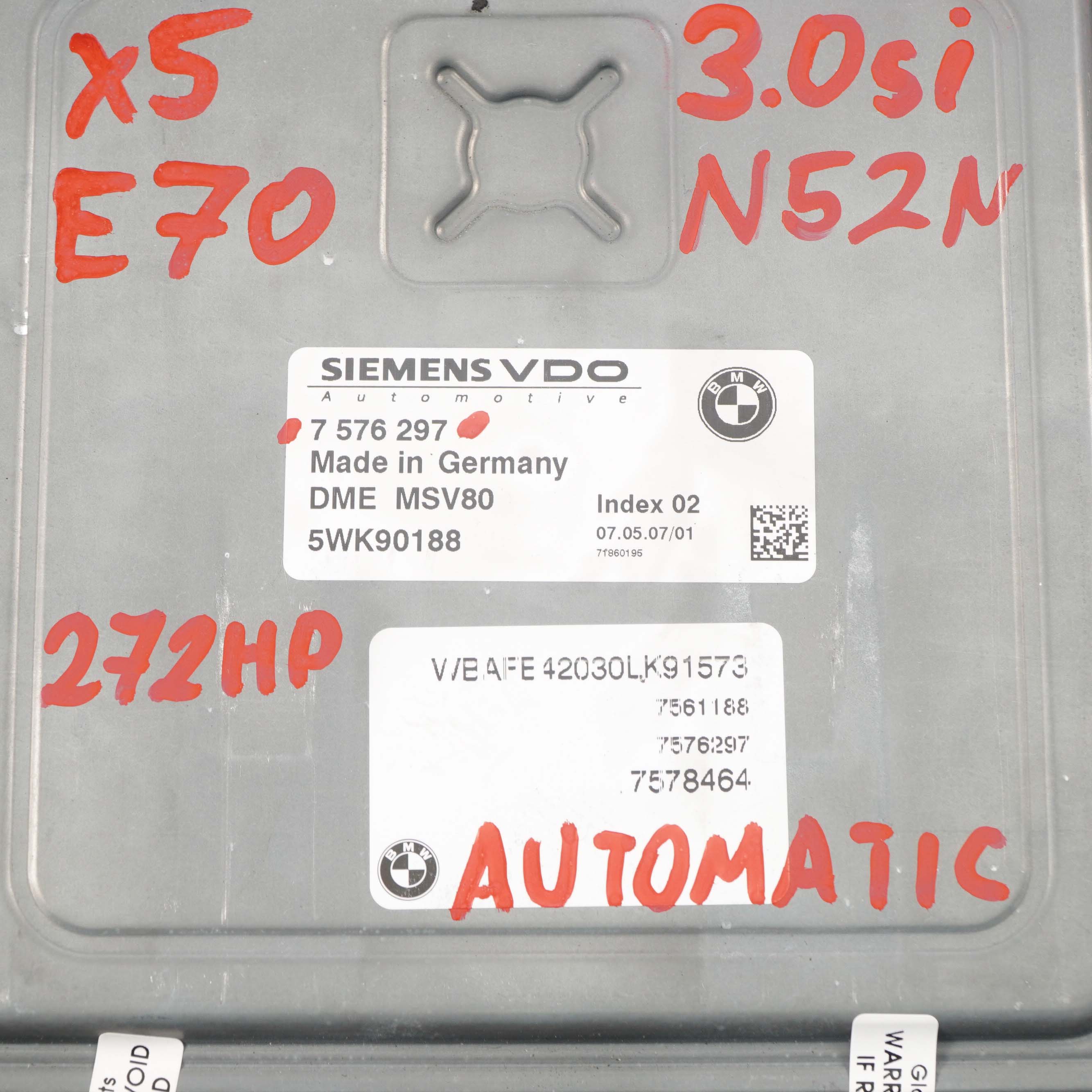 BMW X5 E70 3.0si 272HP N52N Steuergerät DME 7576297 Automatikgetriebe