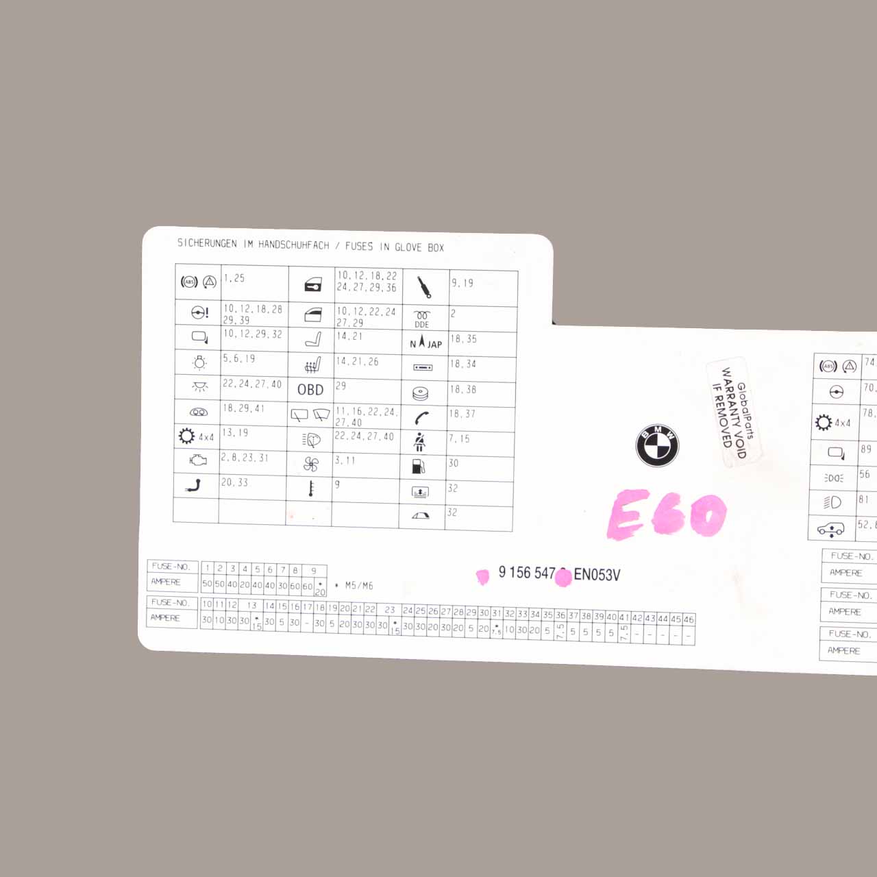 BMW E60 LCI E61 Karte Sicherungskasten Gruppierung Diagramm Karte 9156547