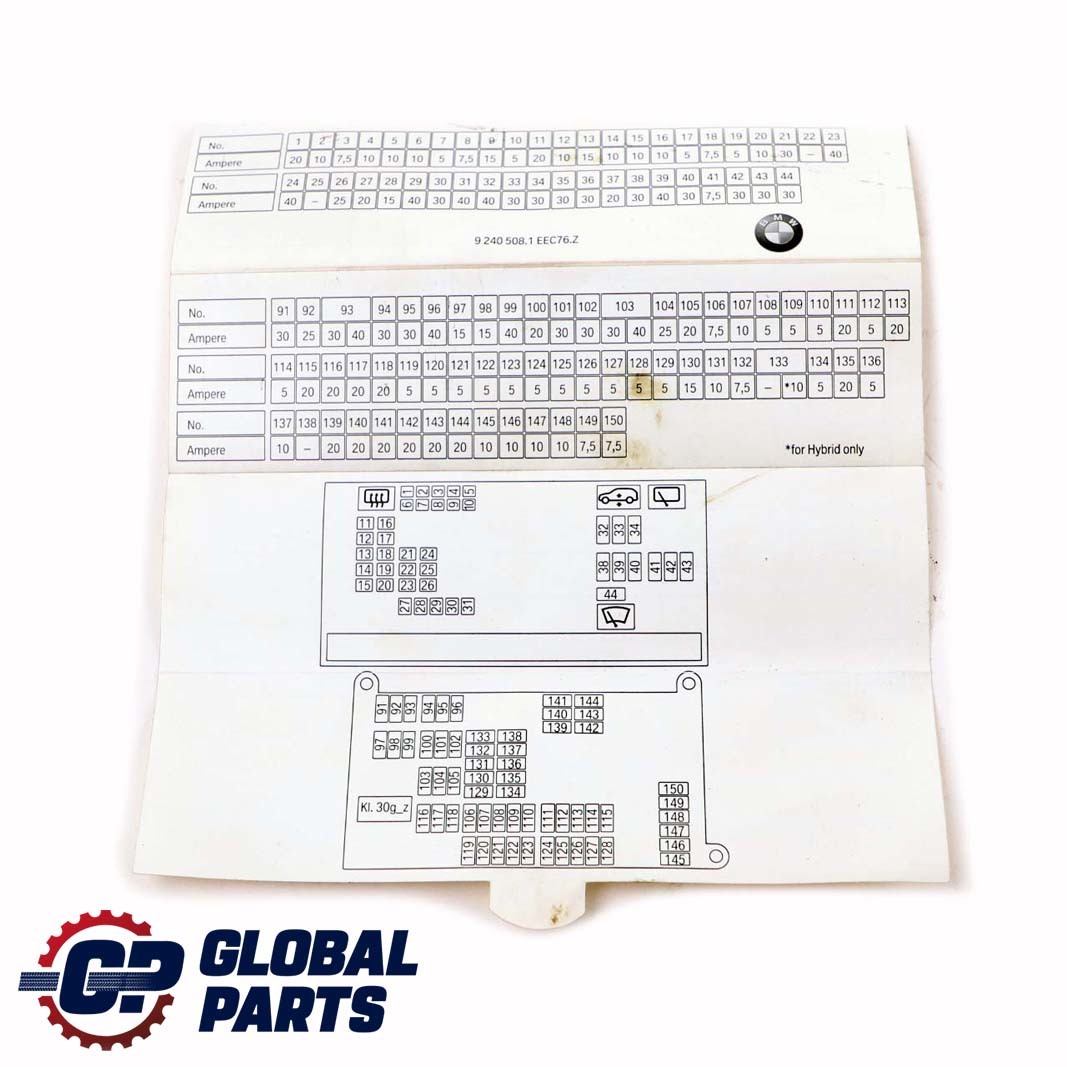 BMW X5 X6 E70 E71 Map Fuse Assignment Grouping Card 9240508