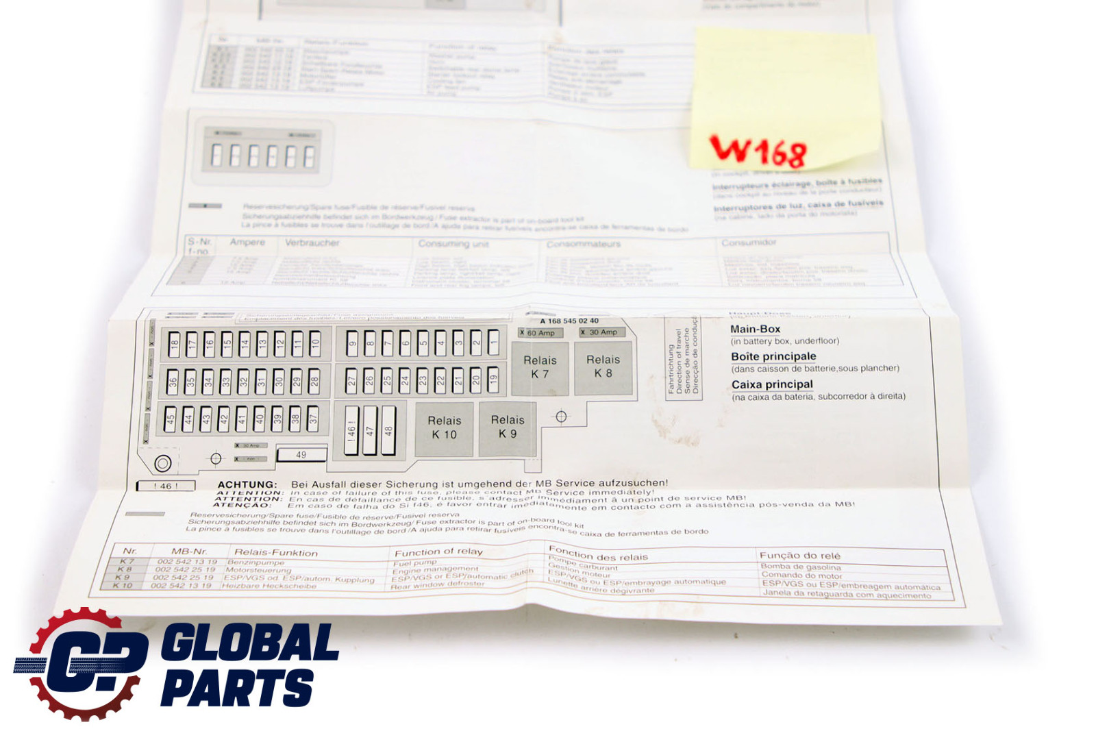 Mercedes-Benz A-Class W168 Product Specification Fuse Assignment A1680045099