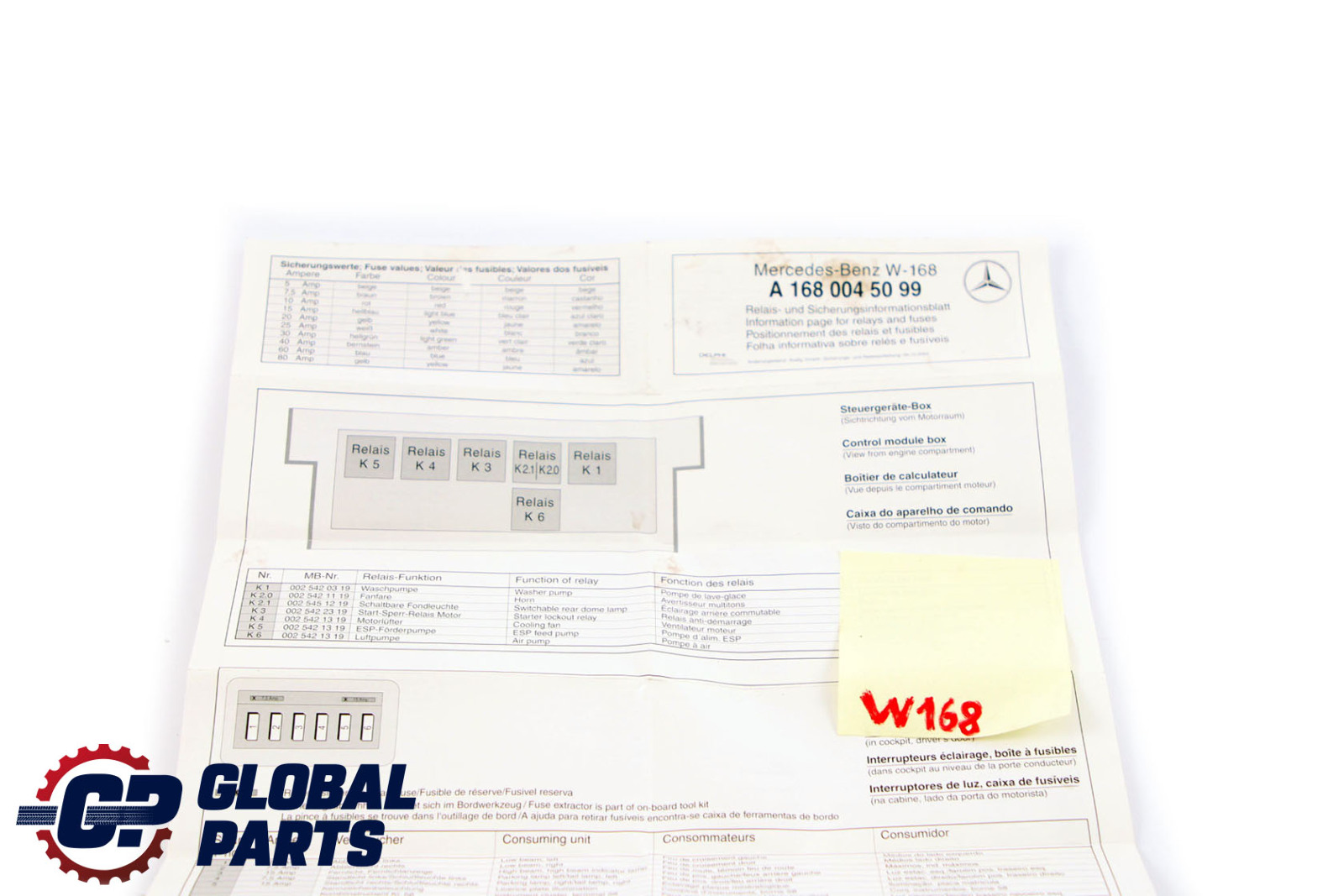 Mercedes-Benz A-Class W168 Product Specification Fuse Assignment A1680045099