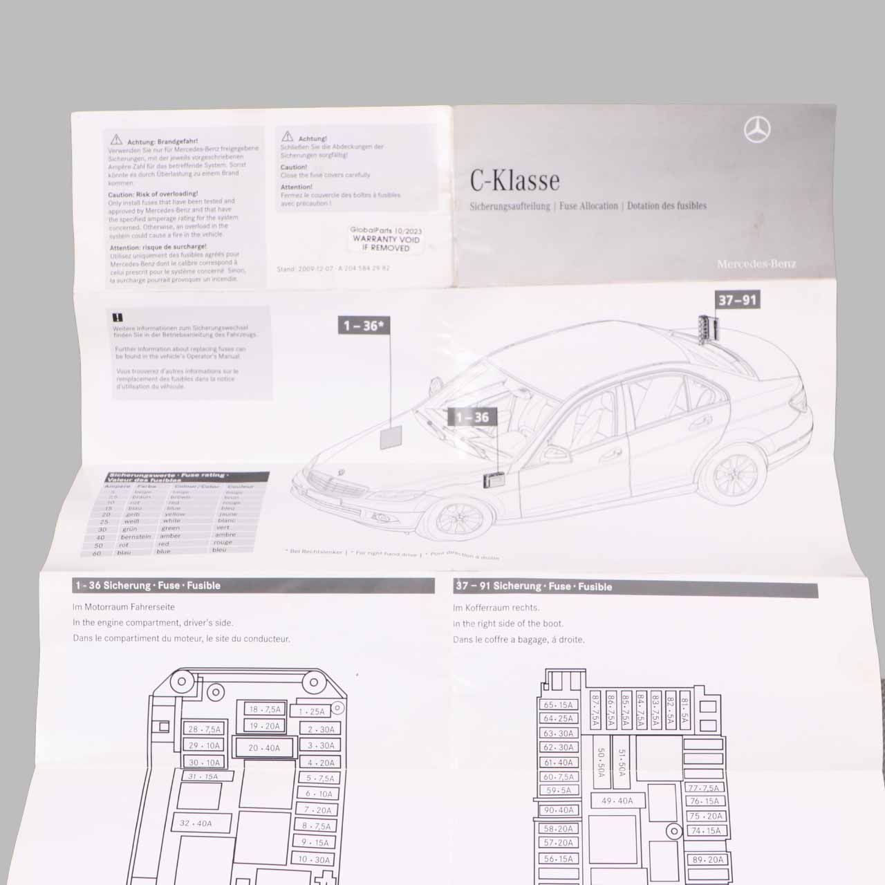 Mercedes W204 Fuse Box Grouping Fuse Placement Map Card Diagram A2045842982