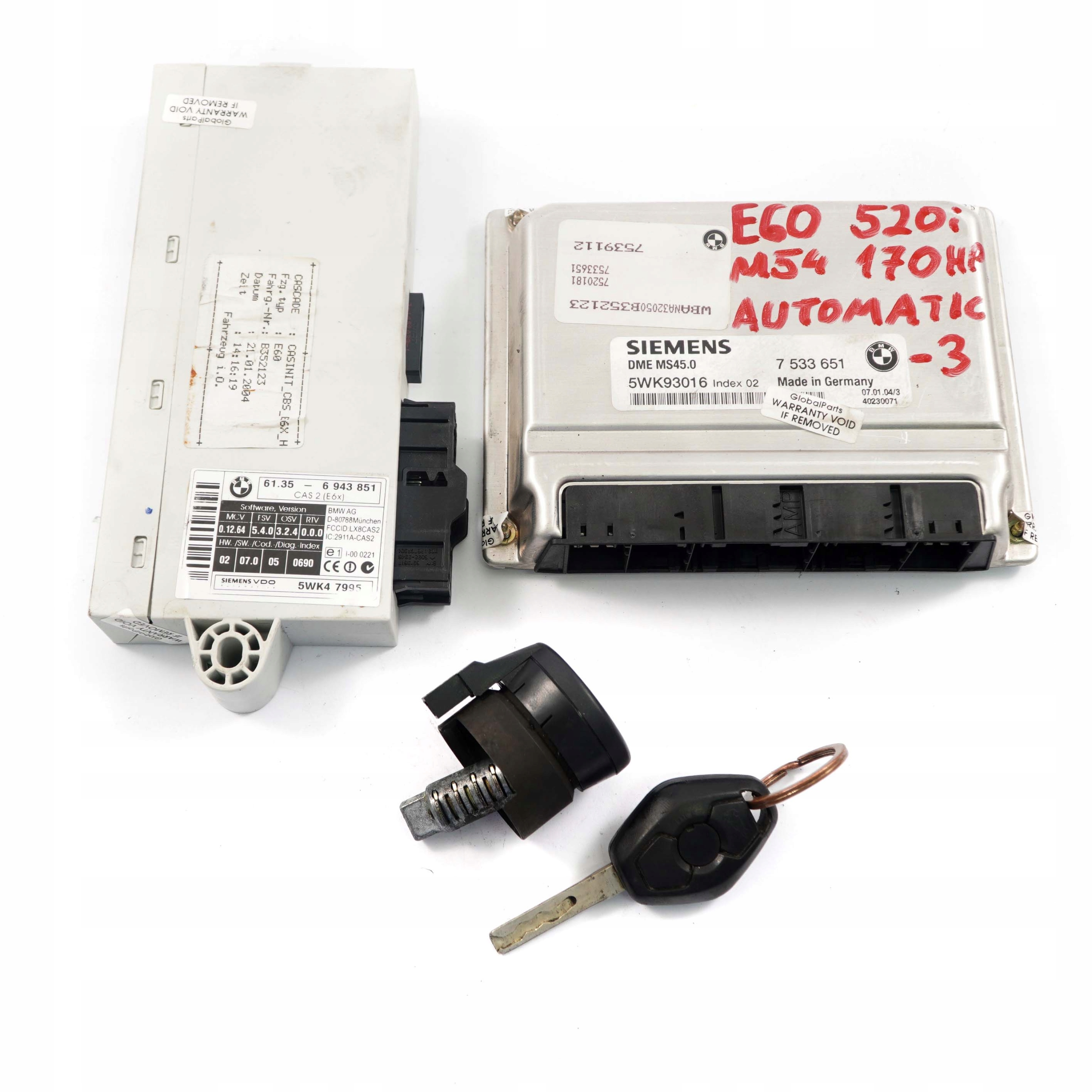 BMW 5 er E60 520i M54 170PS ECU Kit DME 7533651 Steuergerät + CAS2 Automatik