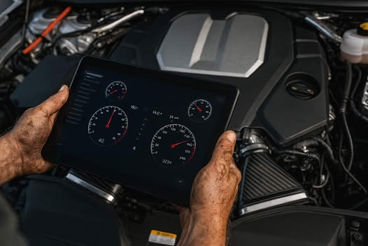 Ajuste ecológico en la práctica: mediciones y puesta a punto tras el ensamblaje de piezas recicladas Diagnostyka osiągów na tablecie przy otwartej komorze silnika – strojenie eko-tuning po montażu używanych części OEM z recyklingu